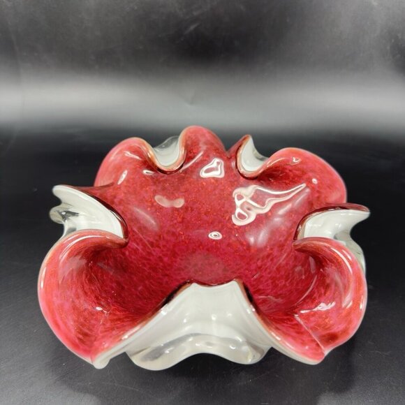Venetian Murano Glass Folded Edges Ashtray Dish Bowl White Magenta Center Italy - Picture 10 of 16